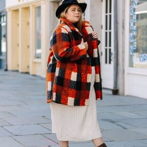 Ava & Viv Orange Plaid nubby textured Coat
